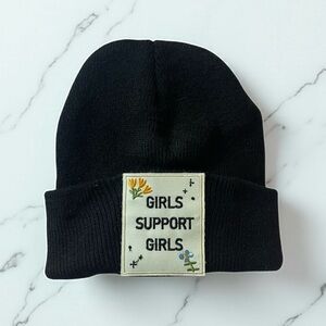 Girls Support Girls Black Knit Beanie – Feminist Embroidered Patch